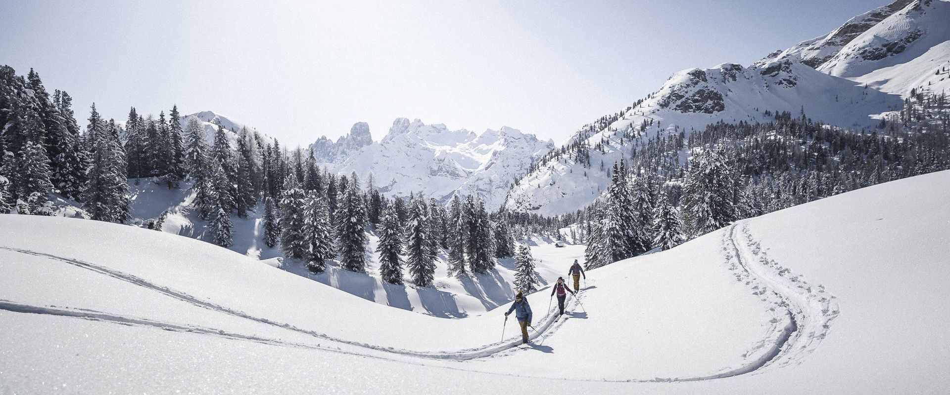 Ski tourers Snow-covered mountain terrain with 3 ski tourers.